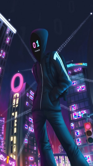 Hacker in a neon city with binary code