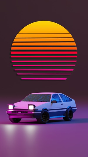Retro Car Under a Striped Sunset