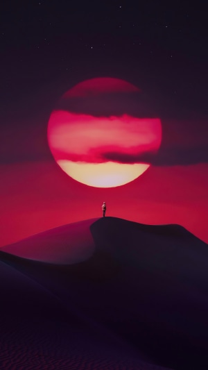 Digital art of a person on a sand dune under a large red sun