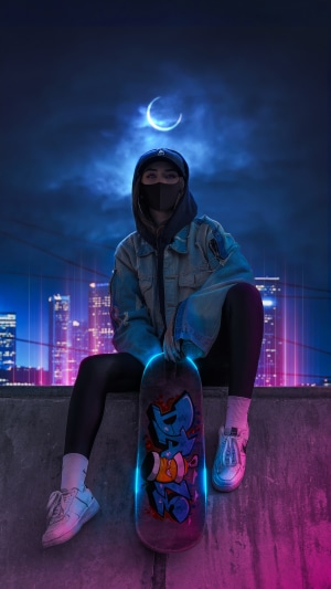 Artwork of a person with a skateboard at night