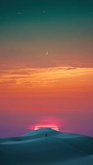 Digital artwork of a lone figure at sunset in the desert