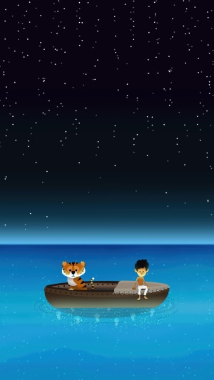 Boy and Tiger in a Boat Under the Stars