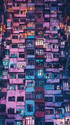 Digital artwork of densely packed apartment buildings
