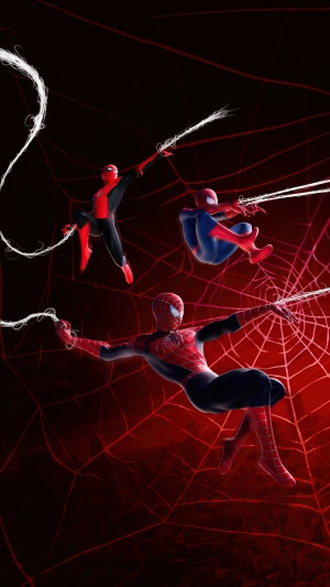 Three Spider-Men swinging on webs