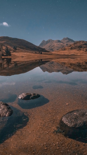 Lake reflection with mountains and stars
