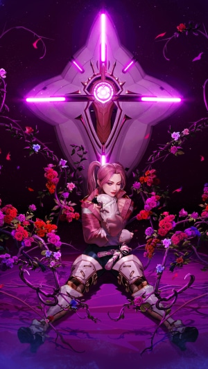 Girl with pink hair holding a white creature in Overprime