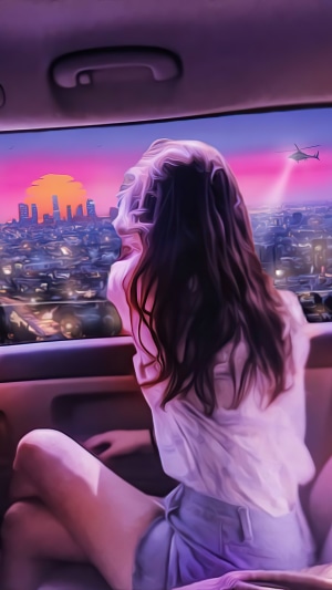 Woman looking out car window at city skyline at sunset