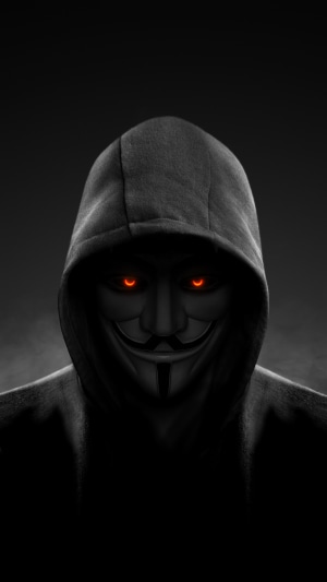 Anonymous Hacker with Fiery Eyes in Hoodie