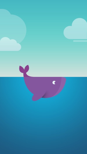 Minimalist purple whale in the ocean with clouds