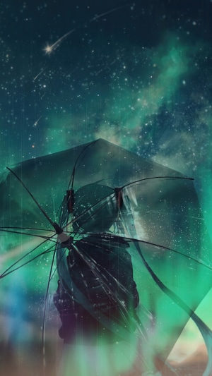 Hatsune Miku under a clear umbrella at night