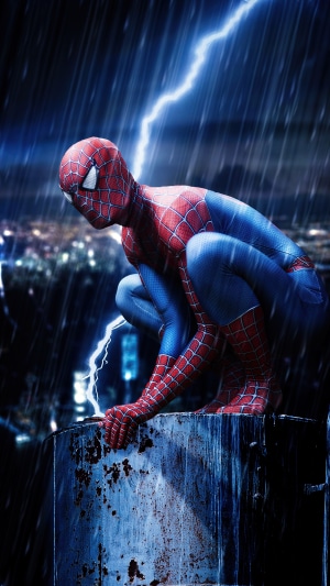 Spiderman in the rain with lightning