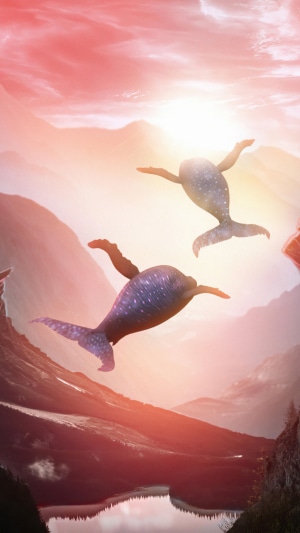 Whales flying over mountains at sunset