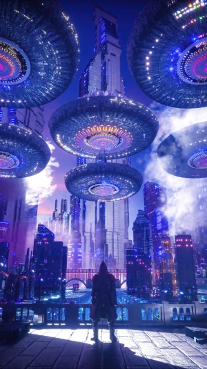 Warrior overlooking a futuristic city with UFOs