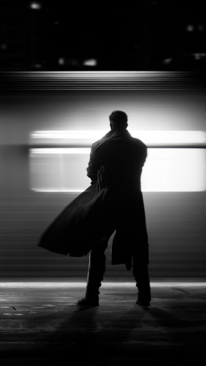 Silhouette of a man in a trench coat