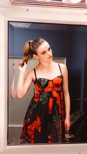 Joey King in a floral dress