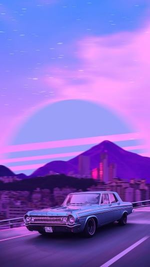 Retro car driving on a road with mountains and city