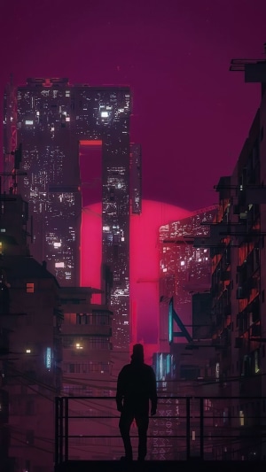 Digital art of a lone figure overlooking a futuristic city at sunset