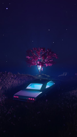 Digital art of a car and a tree