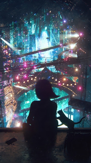 Girl and cat overlooking a futuristic city at night