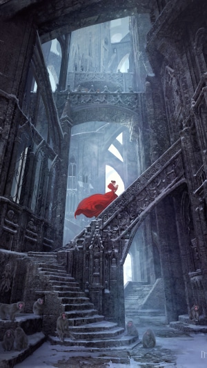 Woman in red dress in ruined gothic architecture