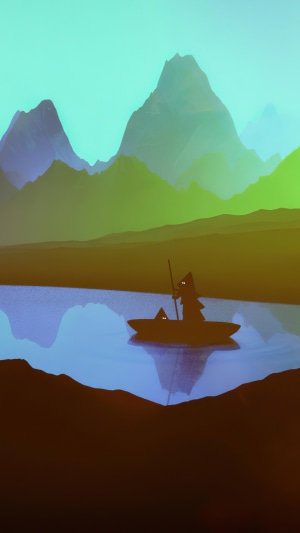 Two figures in a boat on a lake with mountains