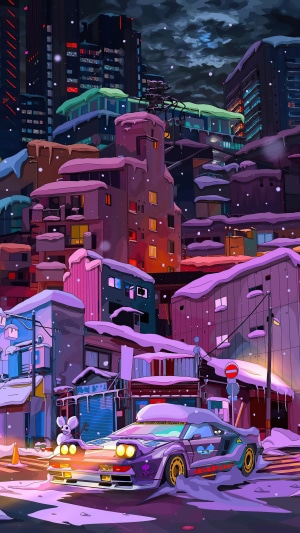 Sci-fi car in snowy city at night