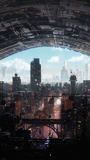 Sci-fi cityscape under a futuristic structure