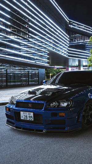 Blue Nissan GTR Sports Car at Night