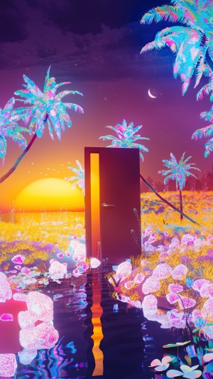 Surreal digital art with glowing palm trees and a door