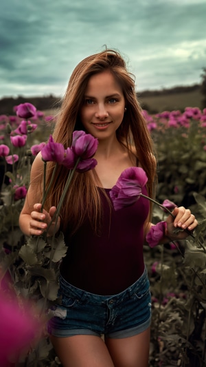 Woman in a field of purple flowers
