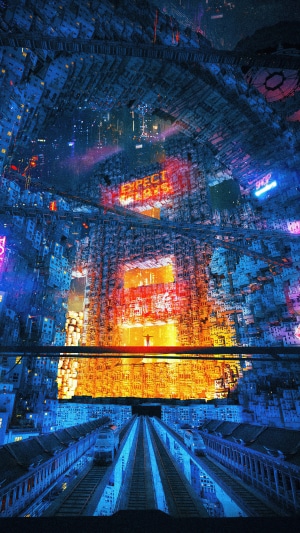 Cyberpunk city with neon signs and trains