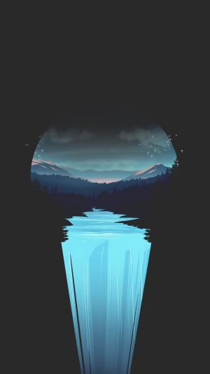 Minimalist waterfall landscape with mountains and forest
