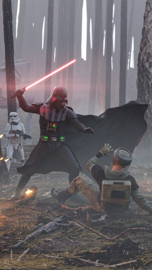 Darth Vader from Star Wars fighting in a forest