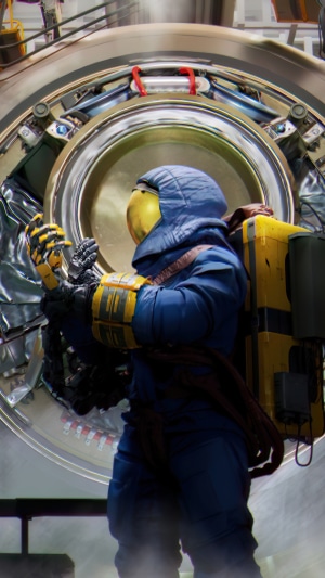 Character in blue suit with yellow accents and backpack in front of circular structure