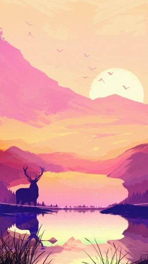 Minimalist digital art of a deer by a lake at sunset