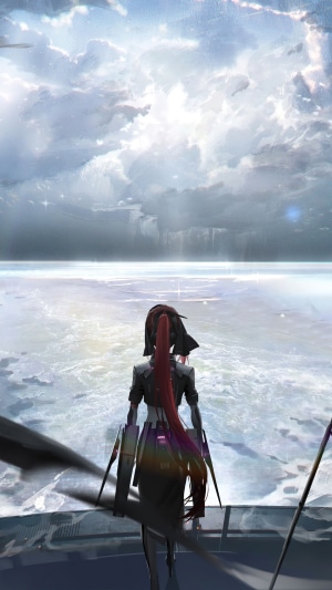 Artwork of a woman with red hair looking out at a cloudy sky and ocean