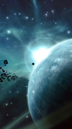 Digital art of a planet in space with asteroids