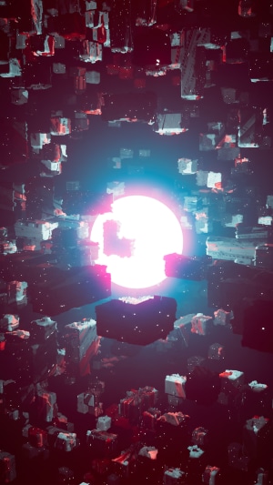 Abstract digital art with floating geometric shapes and bright light