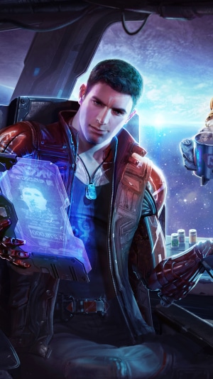 Man in a futuristic cockpit holding a holographic display