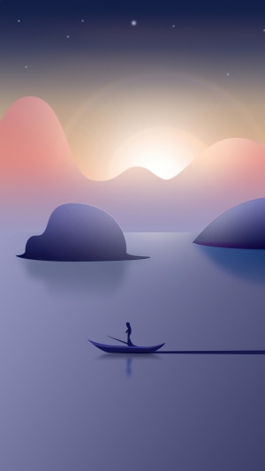Minimalist artwork of a person in a boat on a lake at sunrise
