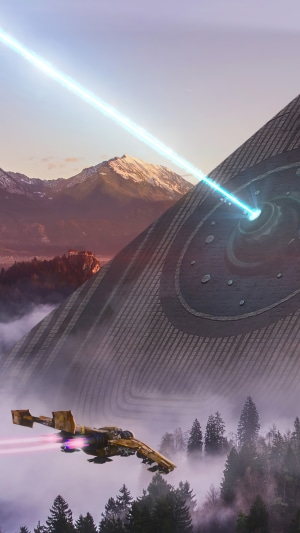 Sci-fi pyramid with laser beam and spaceship