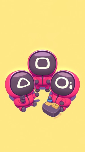 Squid Game characters with shapes on masks