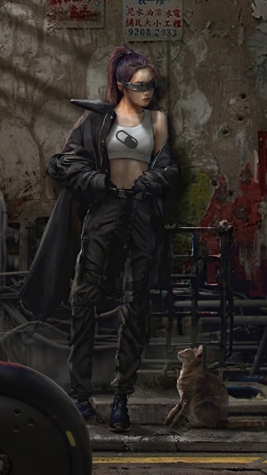 Cyberpunk woman with pill symbol and cat