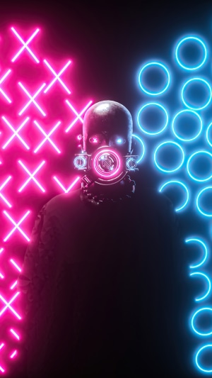 Digital art of a figure with a mask and neon lights