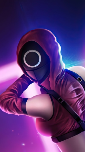 Squid Game character with circle mask and red hoodie