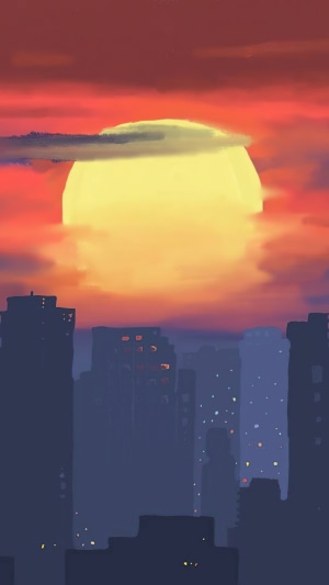 Digital artwork of a sunset over a city