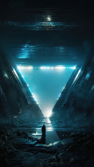 Figure in a futuristic triangular portal