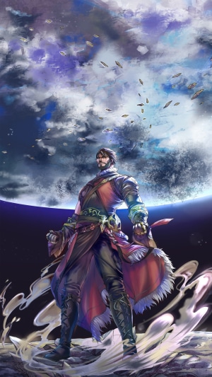Man in ornate armor against a large moon
