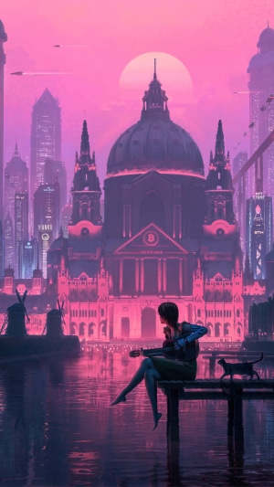 Cyberpunk Cityscape with Woman Playing Guitar