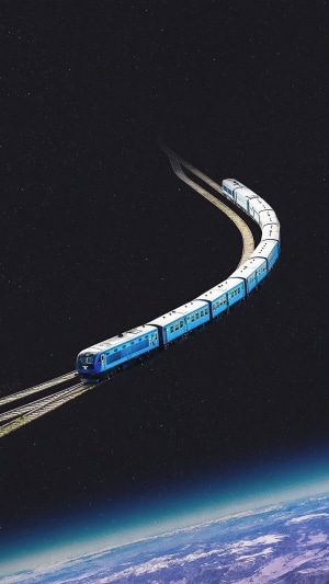 Train traveling through space above Earth